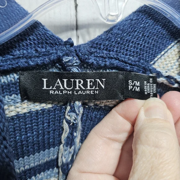 Ralph Lauren LRL Black Label Blue Striped Cotton Fringed Cardigan Size S/M. - Picture 11 of 15